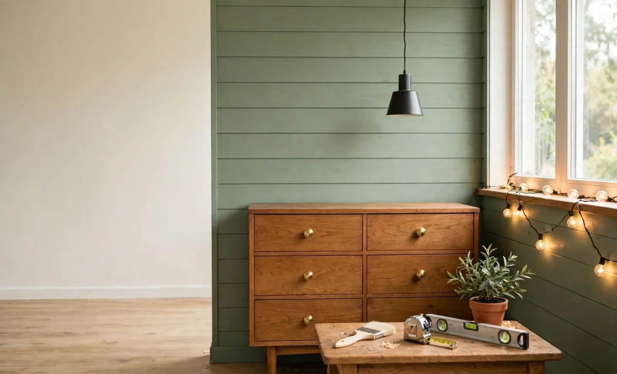Bright living room showing DIY home projects with a painted accent wall and new dresser knobs
