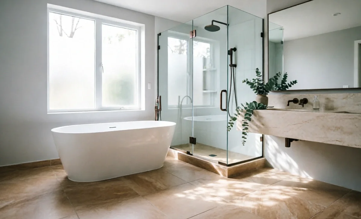 Best flooring for bathrooms shown with waterproof matte porcelain tile in a modern bathroom