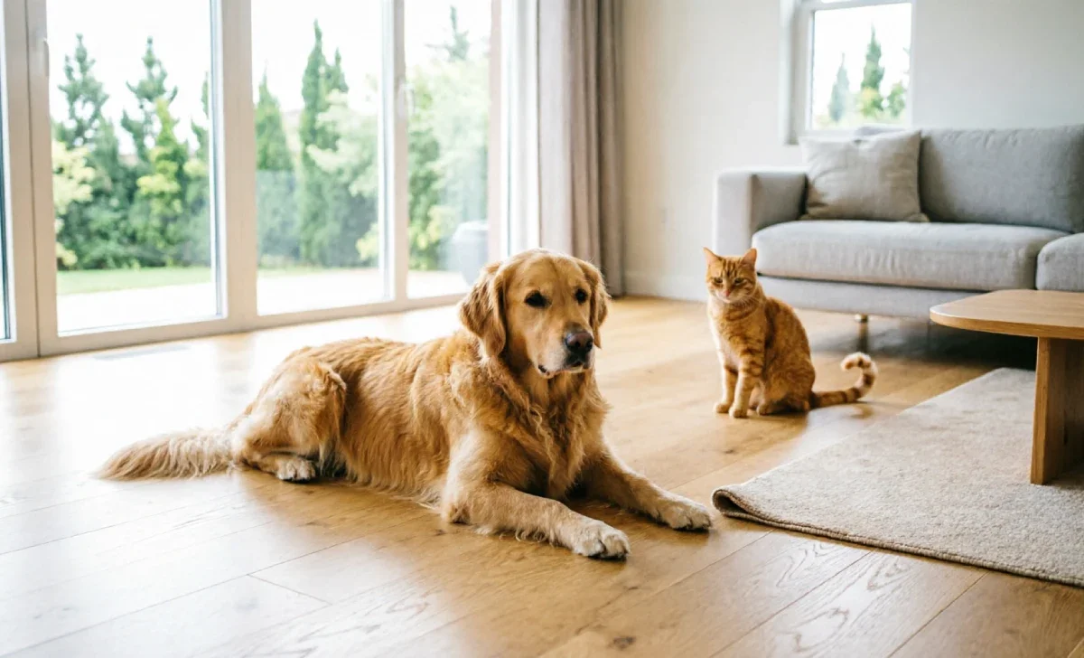 Best Flooring for Pets shown as waterproof vinyl plank flooring in a living room with a dog and cat