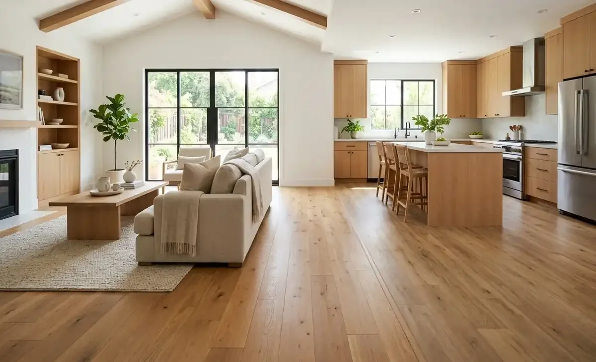 Modern open-concept home with warm honey-oak flooring flowing from the living room into the kitchen