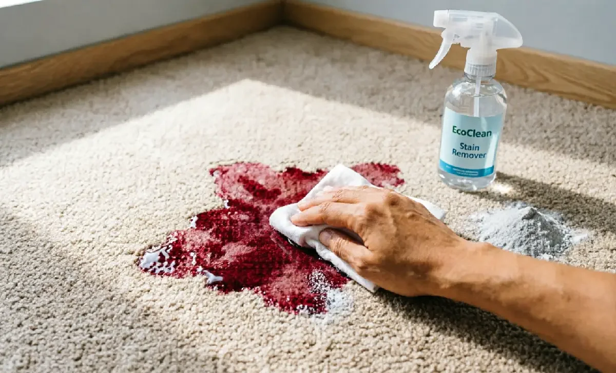 Person using carpet stain removal techniques to blot a red wine stain on beige carpet