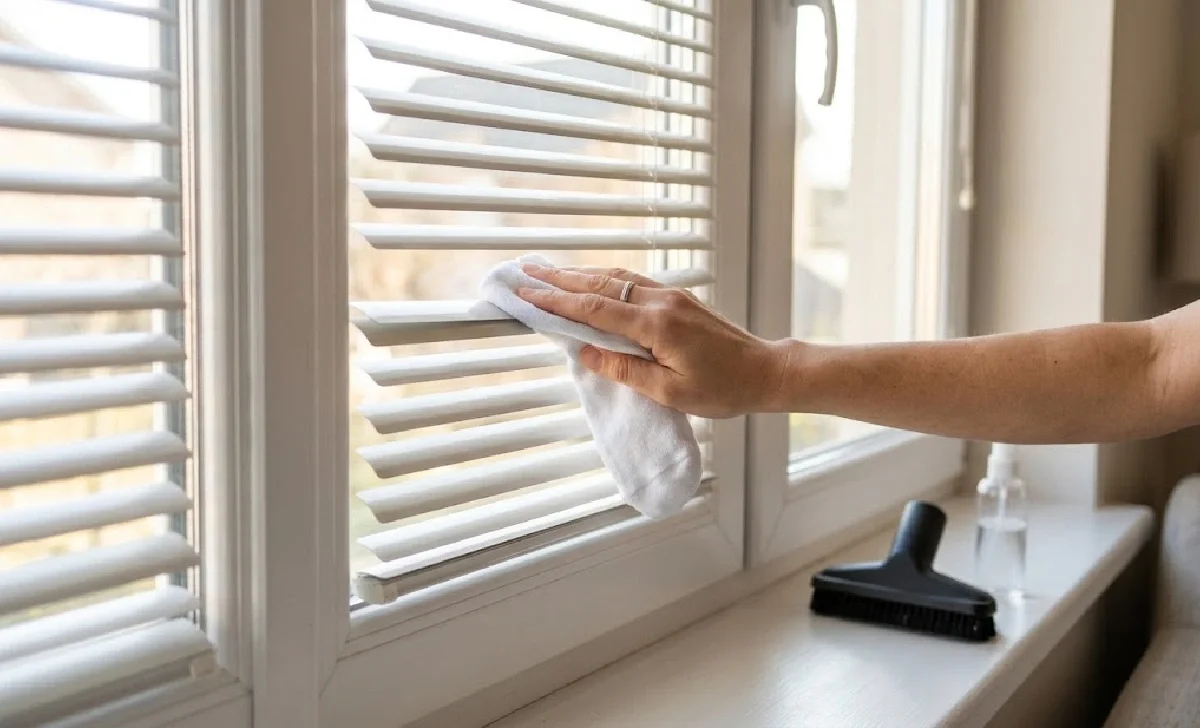 Clean blinds without removal using a sock and microfibre cloth on mounted Venetian blinds.