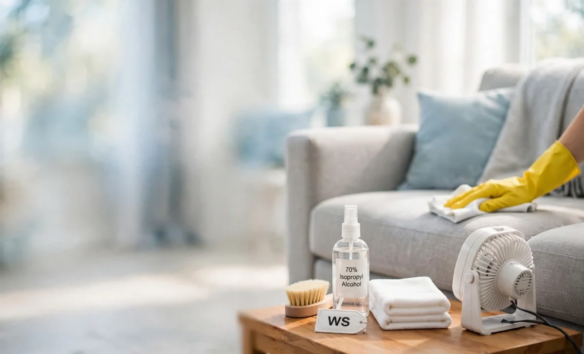 Couch cleaning without a steam cleaner using a care tag, microfiber cloth, and fan for fast drying.