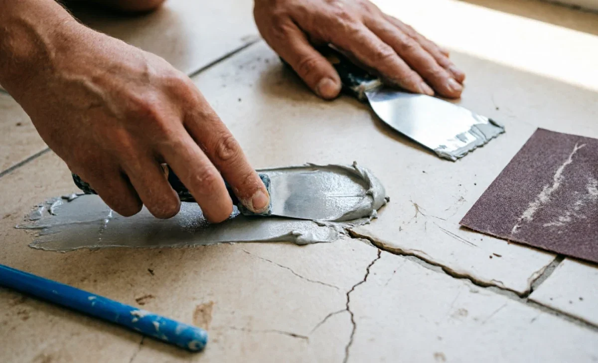 Hands applying epoxy during cracked tile repair methods on a ceramic floor tile