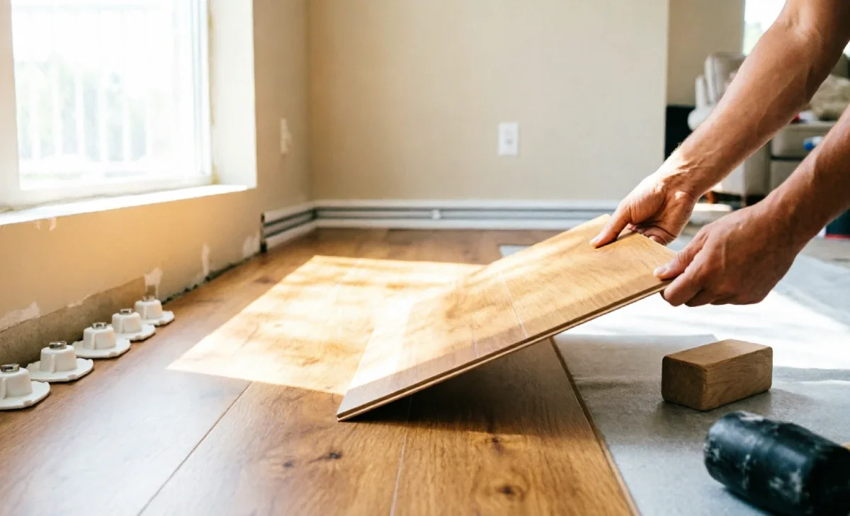 Person completing a DIY Vinyl Flooring Installation with plank flooring and tapping block