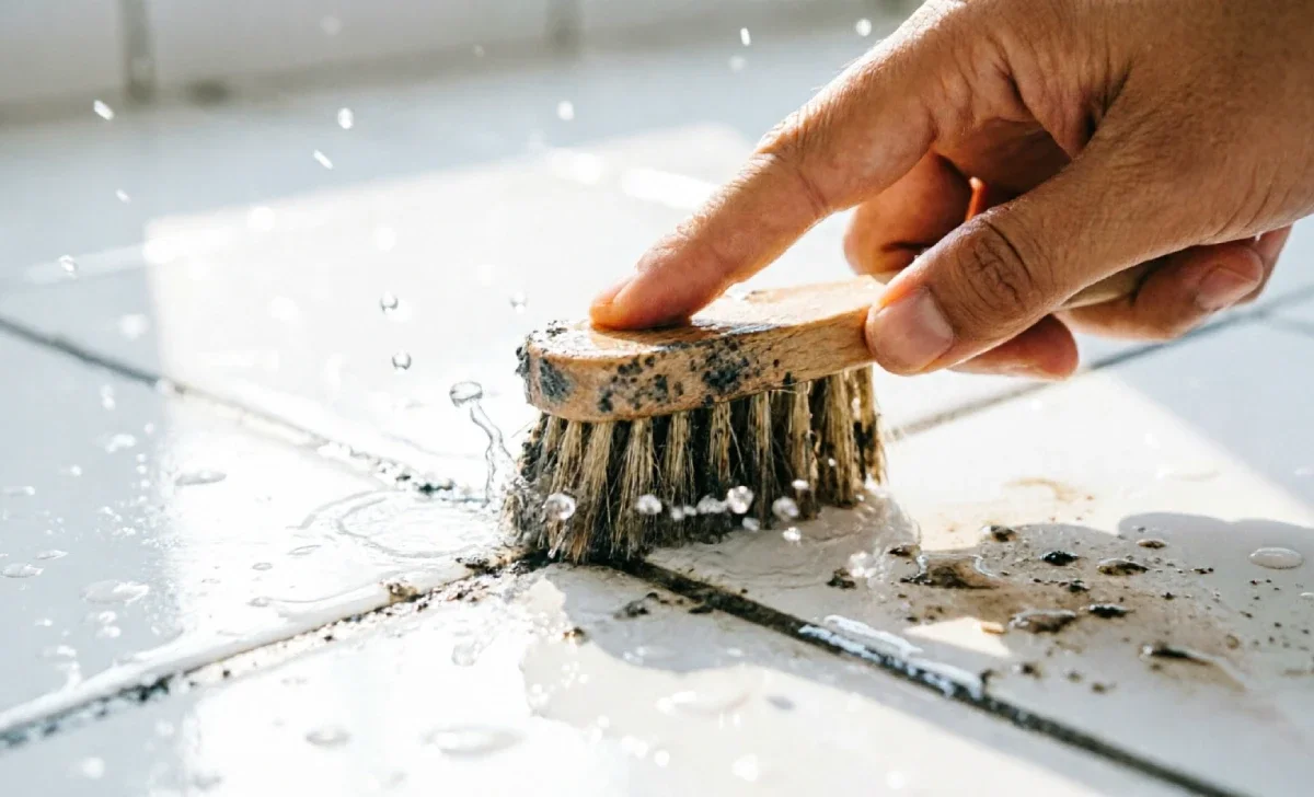 Person scrubbing stained grout lines on a tile floor during Floor Tile Grout Cleaning