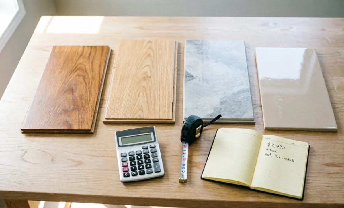 Flooring installation cost comparison showing hardwood, laminate, LVP, and tile samples with budgeting tools