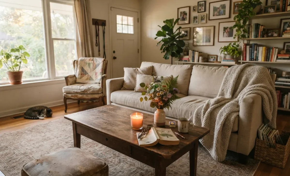 Cozy living room with warm lighting and a lit candle, ready for guests