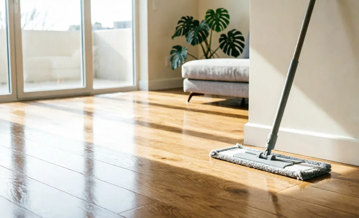 Clean streak-free hardwood floors in a modern living room demonstrating proper hardwood floor cleaning guide results