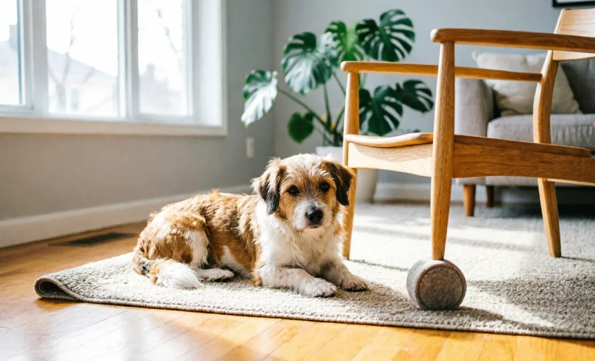 Hardwood floor scratch protection using felt furniture pads and an area rug in a living room