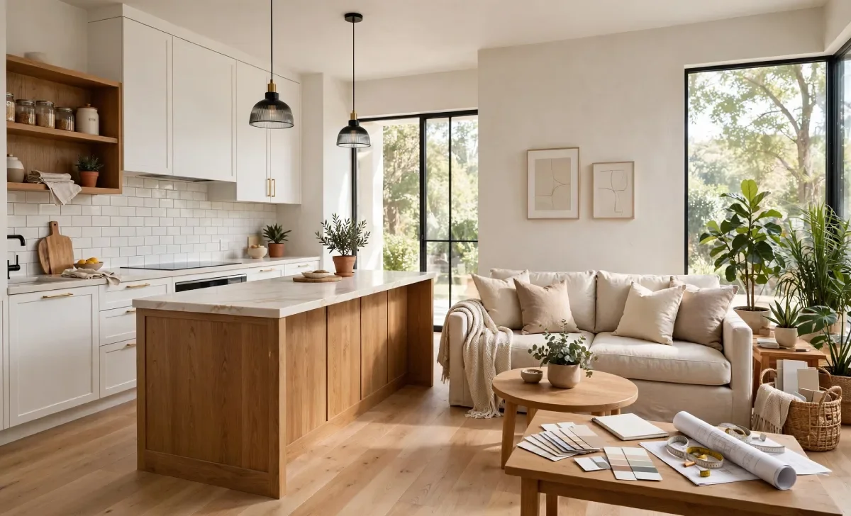 Modern home renovation ideas featuring a renovated kitchen and living room