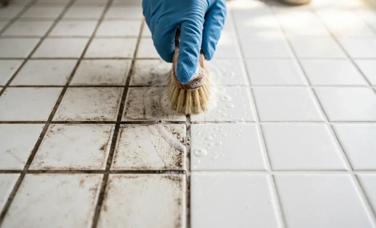 Before and after photo showing how to clean stained grout on white tile floor