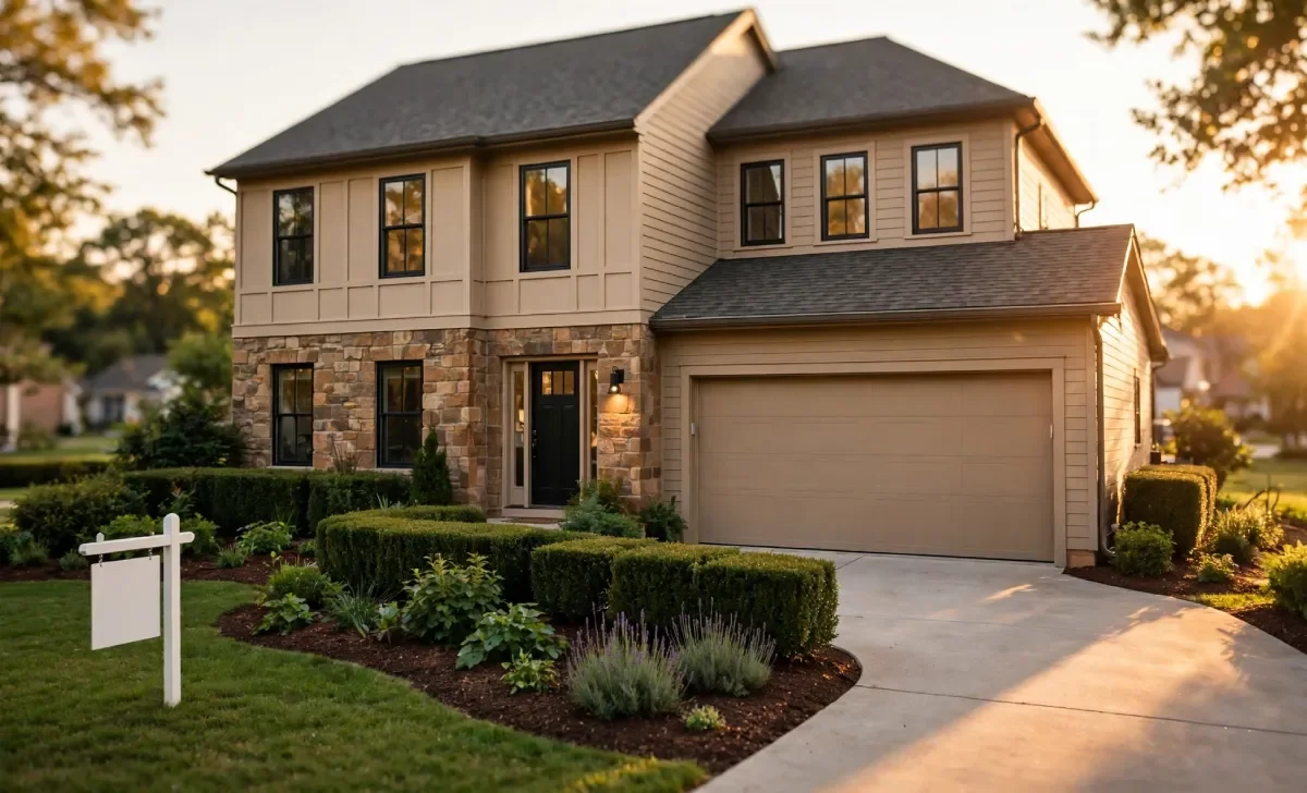 Well-maintained suburban home exterior with fresh landscaping and a For Sale sign, showing pre-sale improvements