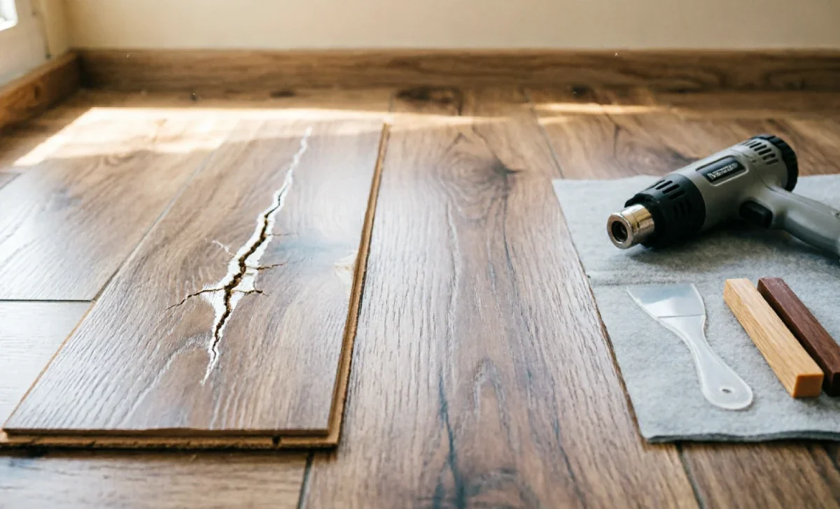 Before and after photo showing a deep scratch in laminate flooring repaired with a wax filler stick and plastic scraper.