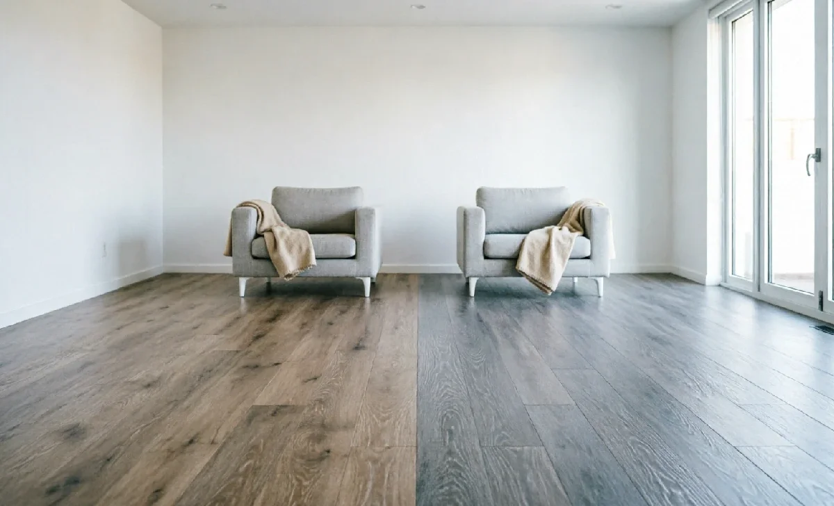 Side-by-side laminate versus vinyl flooring comparison in a bright living room
