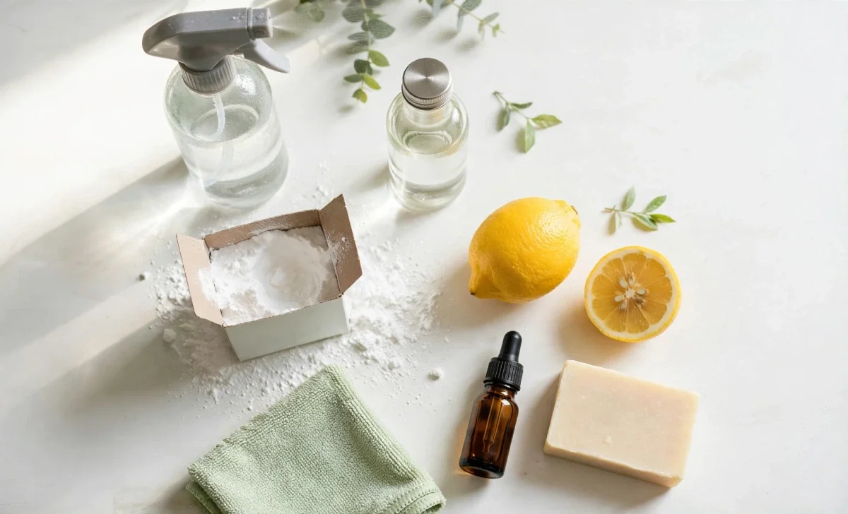 natural household cleaning solutions with vinegar, baking soda and lemon