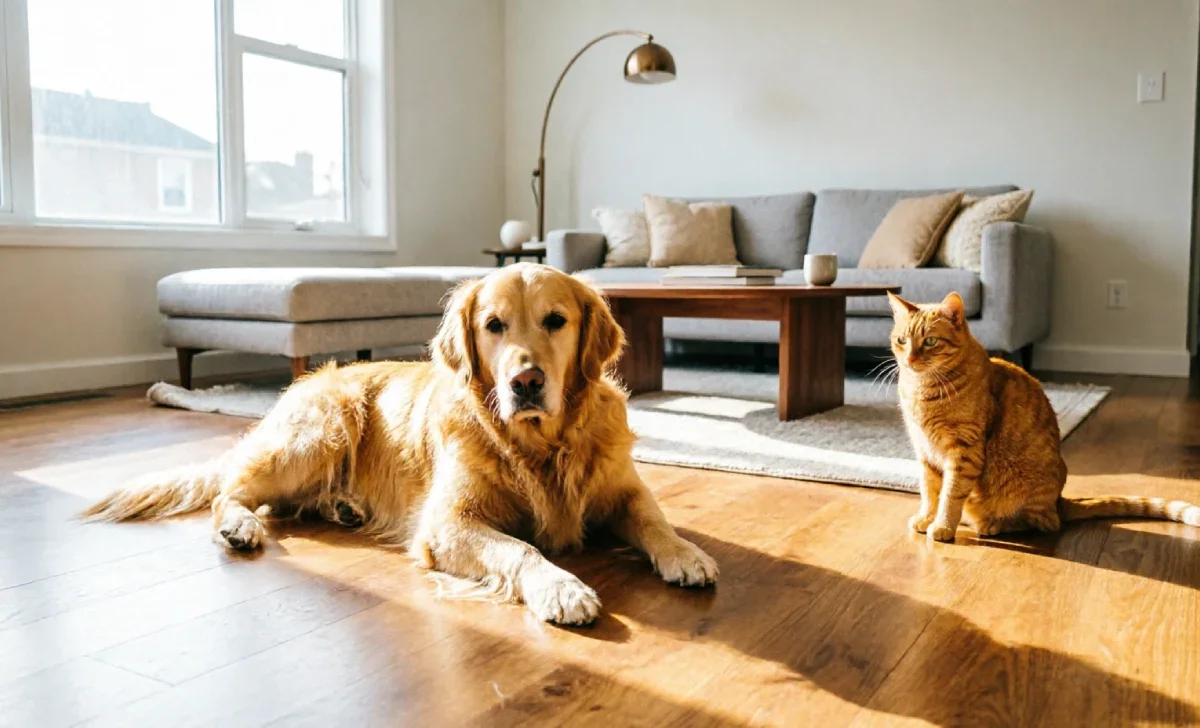 Dog and cat relaxing on waterproof Pet-Friendly Flooring Solutions in a bright living room