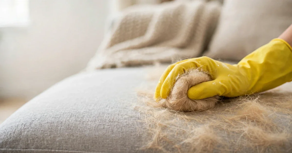 Damp rubber glove removing pet hair from furniture on a grey fabric sofa