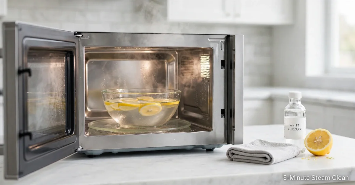 Quick microwave cleaning method using vinegar and water steam in a microwave.