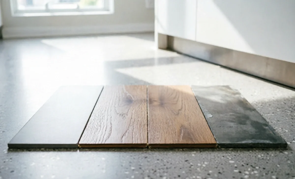 Scratch resistant flooring samples compared side by side in a bright modern kitchen setting