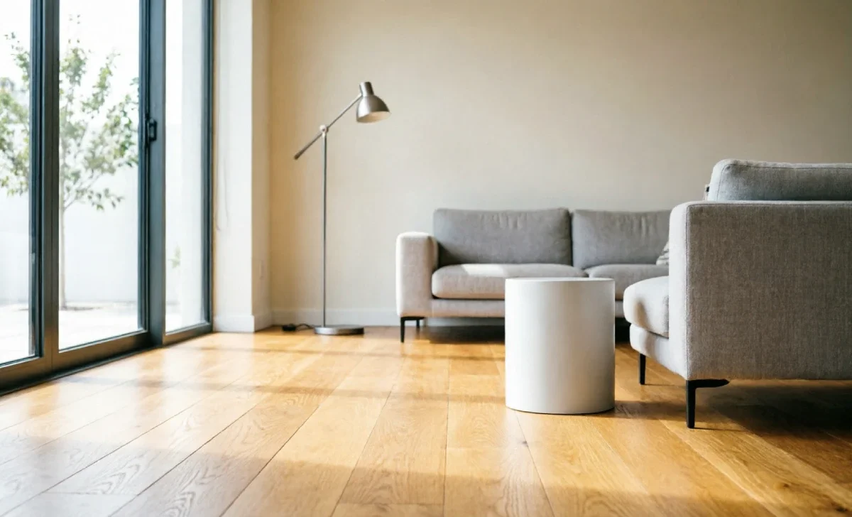 Solid hardwood flooring installed in a bright modern living room