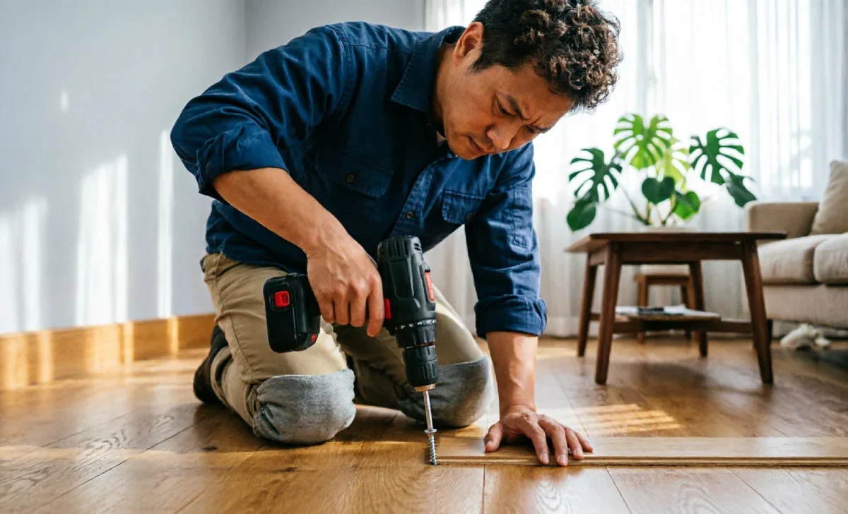 Homeowner fixing a squeaky floorboard by driving a screw into the joist using a cordless drill.