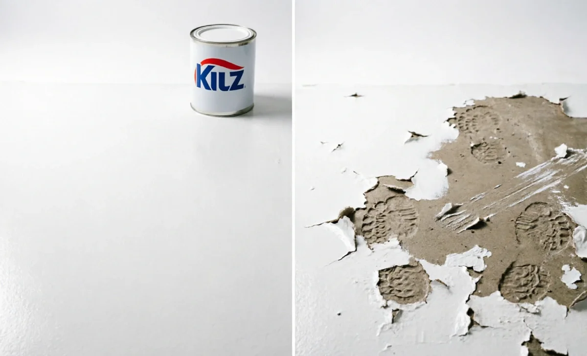 Kilz primer failure on floor - why Kilz is not recommended for flooring. Shows peeling from foot traffic damage
