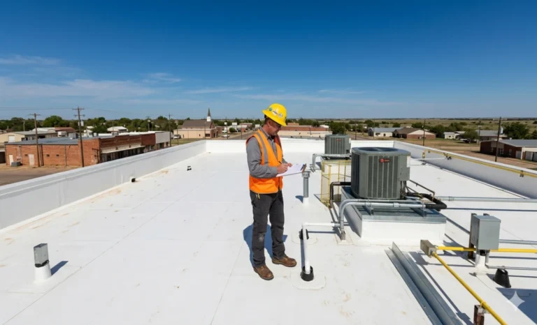 A roof inspector checking a flat commercial roof surface with HVAC units and flashings as part of a commercial roof maintenance checklist