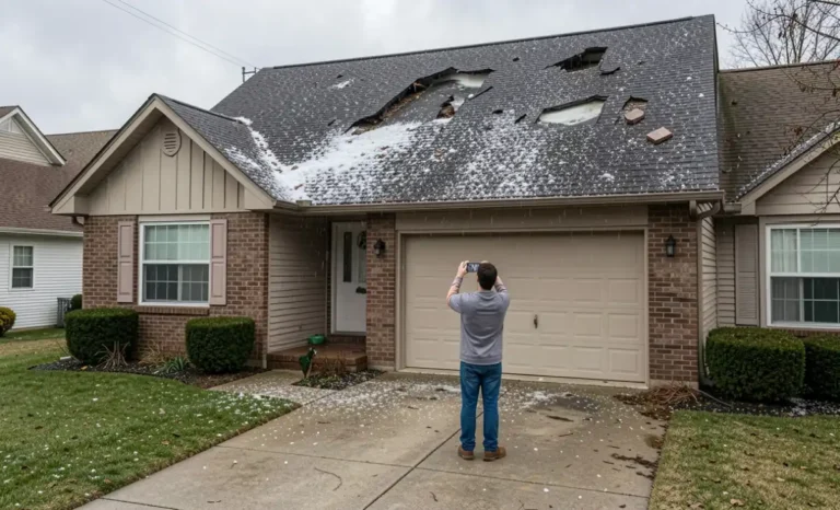 Homeowner photographing roof damage to file a roof insurance claim after a hailstorm