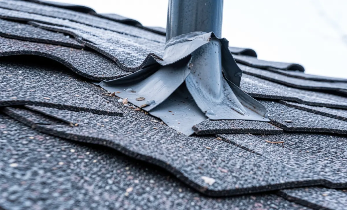 Curling asphalt shingles and lifted flashing near a vent pipe on a residential roof