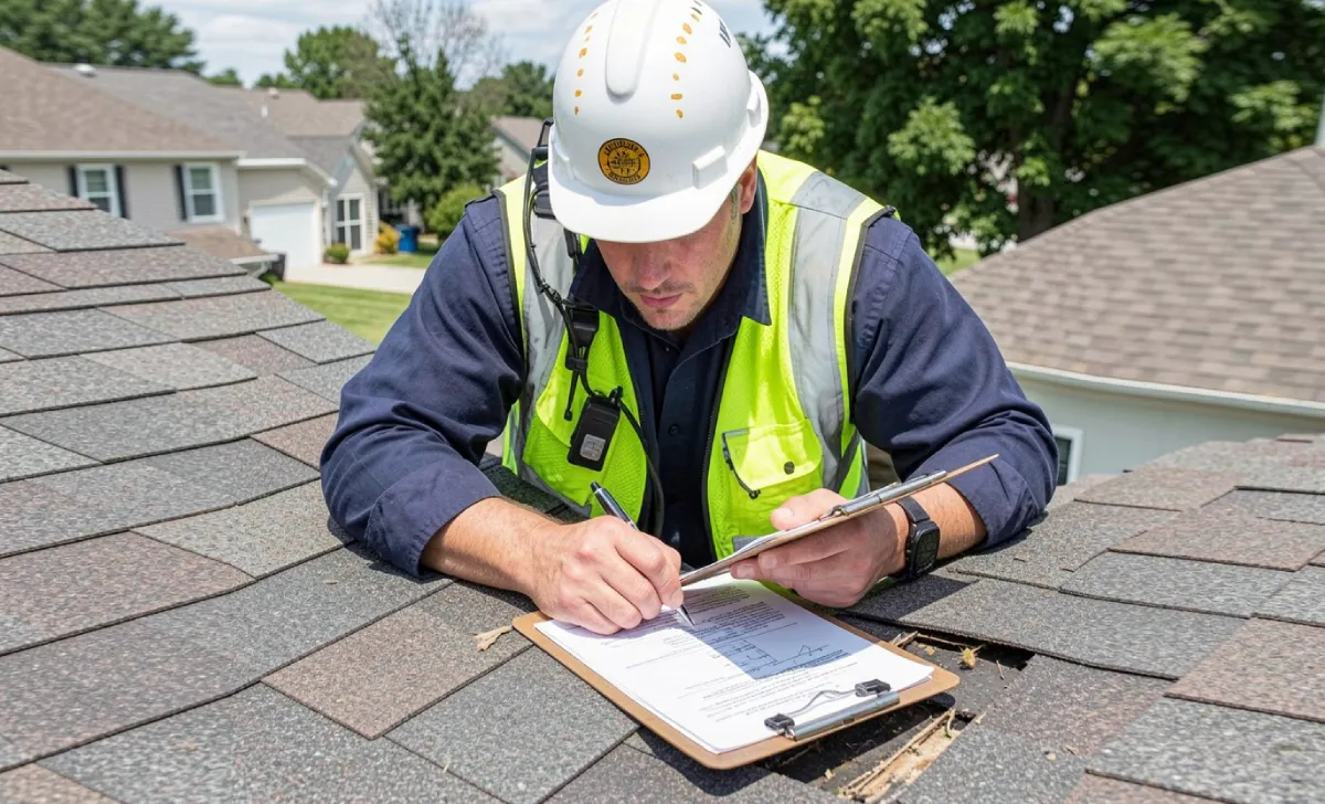 Insurance adjuster inspecting roof damage on a residential home during a claim visit