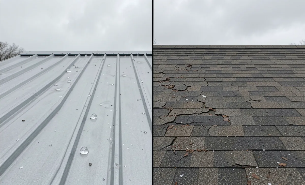 Metal roof with minor hail dents next to asphalt shingle roof with hail damage in Texas 
