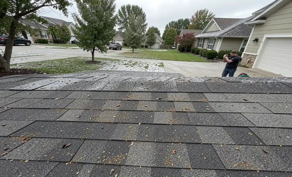 Homeowner photographing roof hail damage to file a roof insurance claim