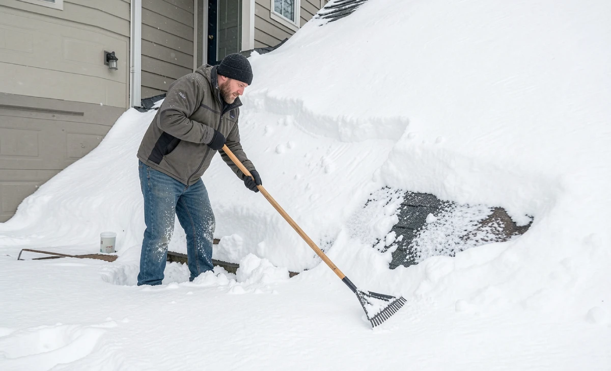 Homeowner using a long-handled roof rake to remove snow from a residential roof while standing on the ground
