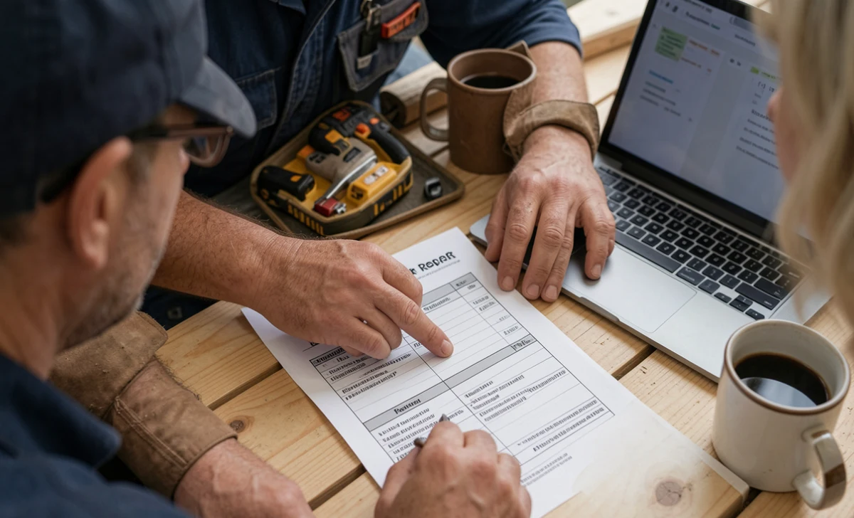 Roofing contractor and homeowner reviewing a roof repair estimate after an insurance claim settlement