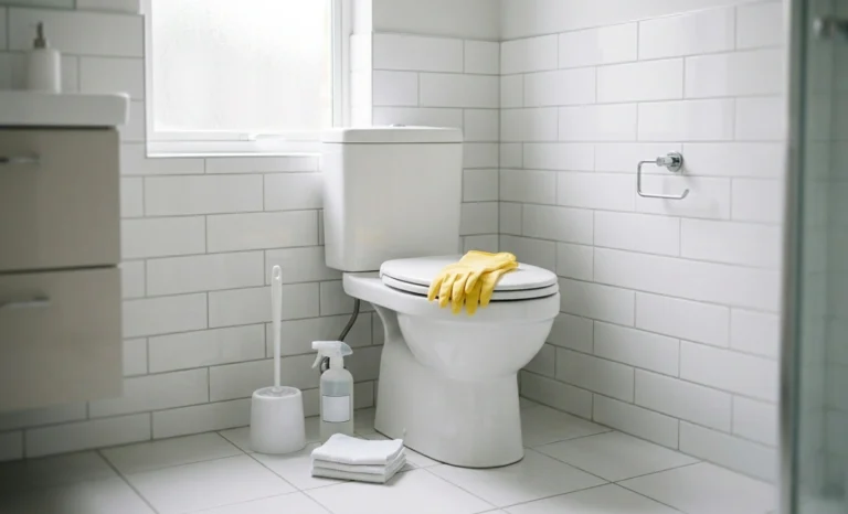Rubber gloves, toilet brush, and disinfectant spray beside a clean white toilet ready to be cleaned and disinfected