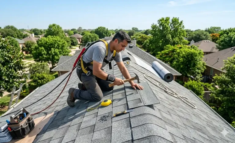 A homeowner completing a DIY roof installation by laying asphalt shingles on a residential house