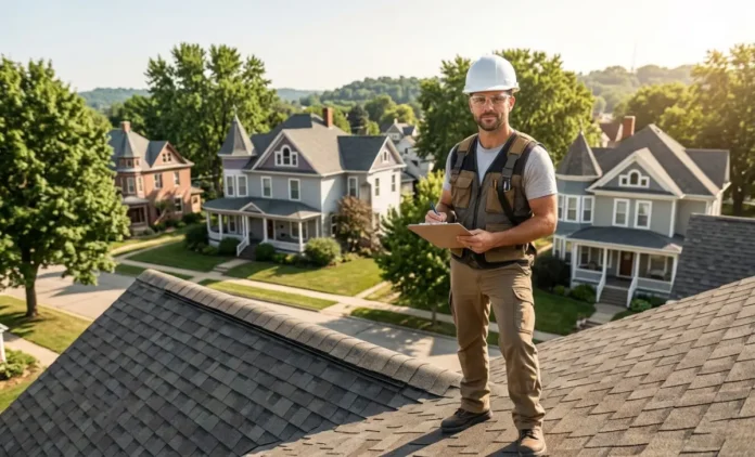 Trusted Dubuque Roofing Company – Professional Roof Inspection Roofing contractor inspecting a residential roof for a Dubuque roofing company