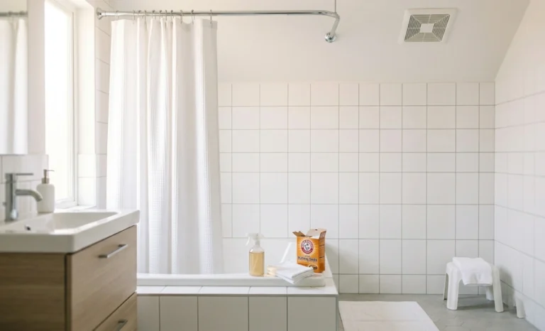Clean shower curtain hanging open on a rod above a white bathtub with a spray bottle and baking soda on the ledge