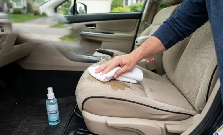 Person cleaning a stain from a fabric car seat with a white cloth and spray bottle
