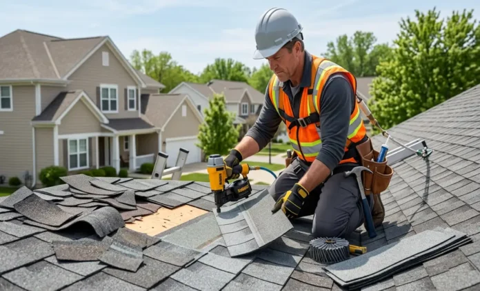 Roof Repair Near Me: Local Contractor Fixing Damaged Shingles A roofing contractor repairing damaged shingles on a residential roof for local roof repair near me