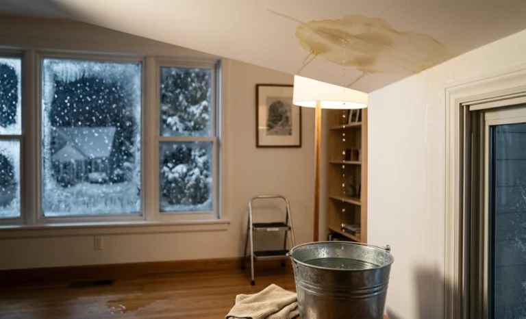 A homeowner placing a bucket under a winter roof leak with snow visible through a frosted window