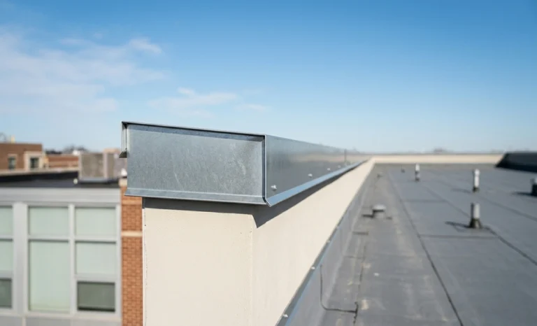 Roofing Cop installed on flat roof parapet wall to stop water damage