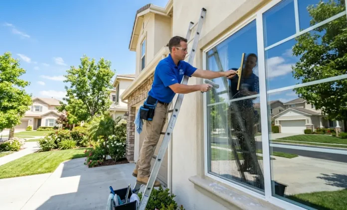 Professional sparkle window cleaning with squeegee on clear glass
