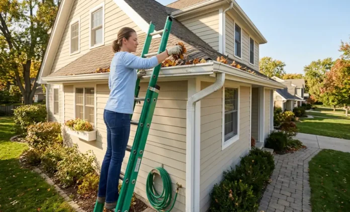 Homeowner on a ladder cleaning and checking gutters to update the home gutter system