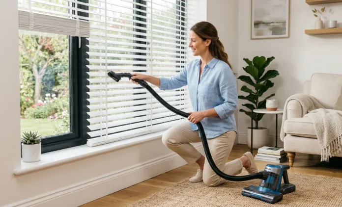 How to Vacuum Window Blinds – Step-by-Step Cleaning Guide Person using vacuum brush attachment to clean horizontal window blinds