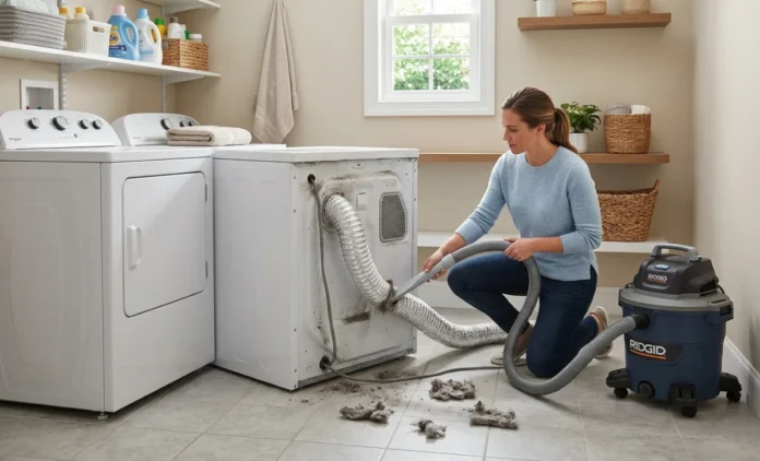 How to Vacuum Your Dryer Vent – Step-by-Step Home Guide Person using a vacuum to clean a dryer vent duct at home