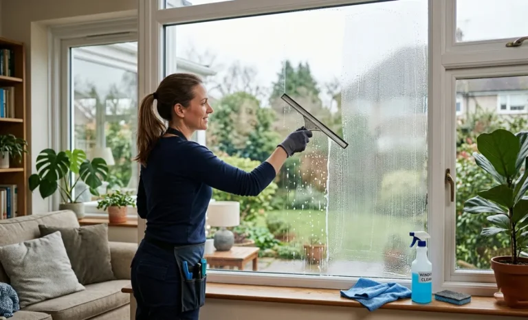 Person using a squeegee for streak-free window cleaning tips at home