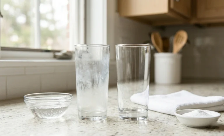 Cloudy glasses next to a bowl of white vinegar and baking soda on a kitchen counter