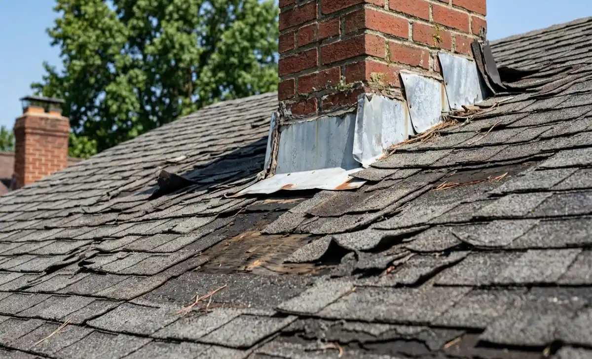 Asphalt shingle roof with missing shingles and lifted flashing near a chimney